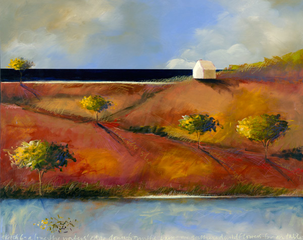 A painting of a house on the side of a hill
