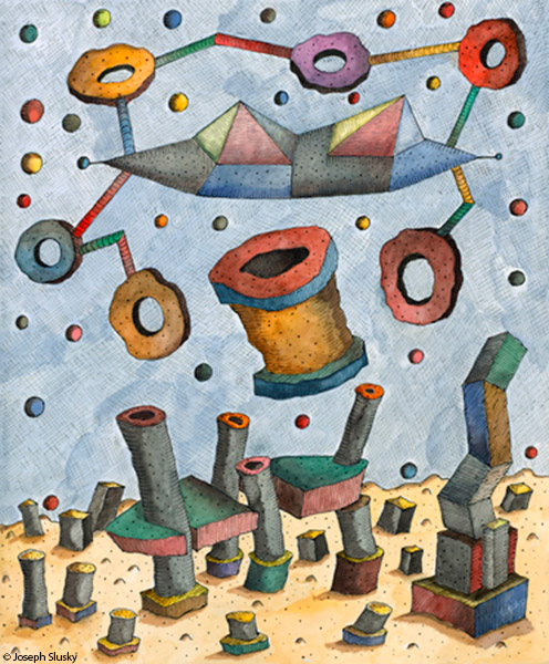 A painting of a colorful object floating in the air.