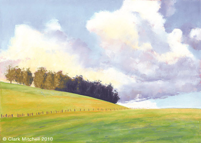 A painting of a field with trees and clouds in the background.