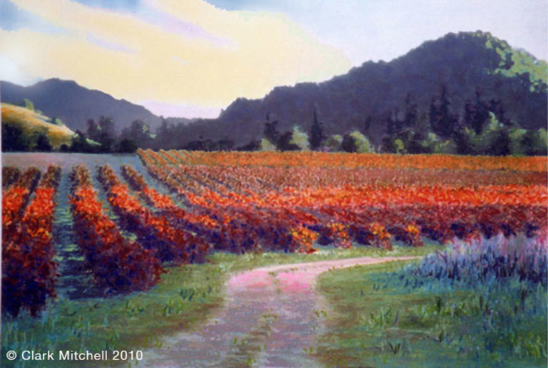 A painting of a field with red flowers