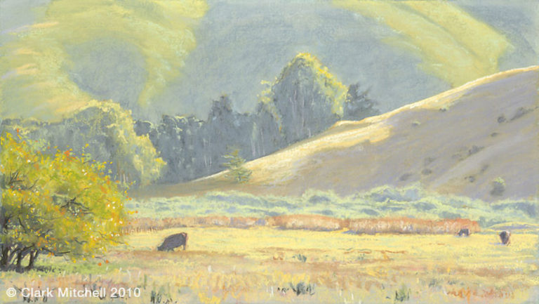 A painting of a cow grazing in the field